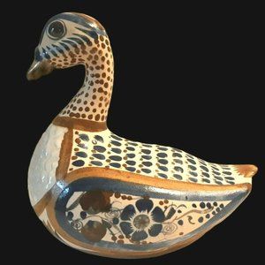8" Pottery Duck Vintage Hand Painted Mexican Ceramic Signed Talavera Floral Bird